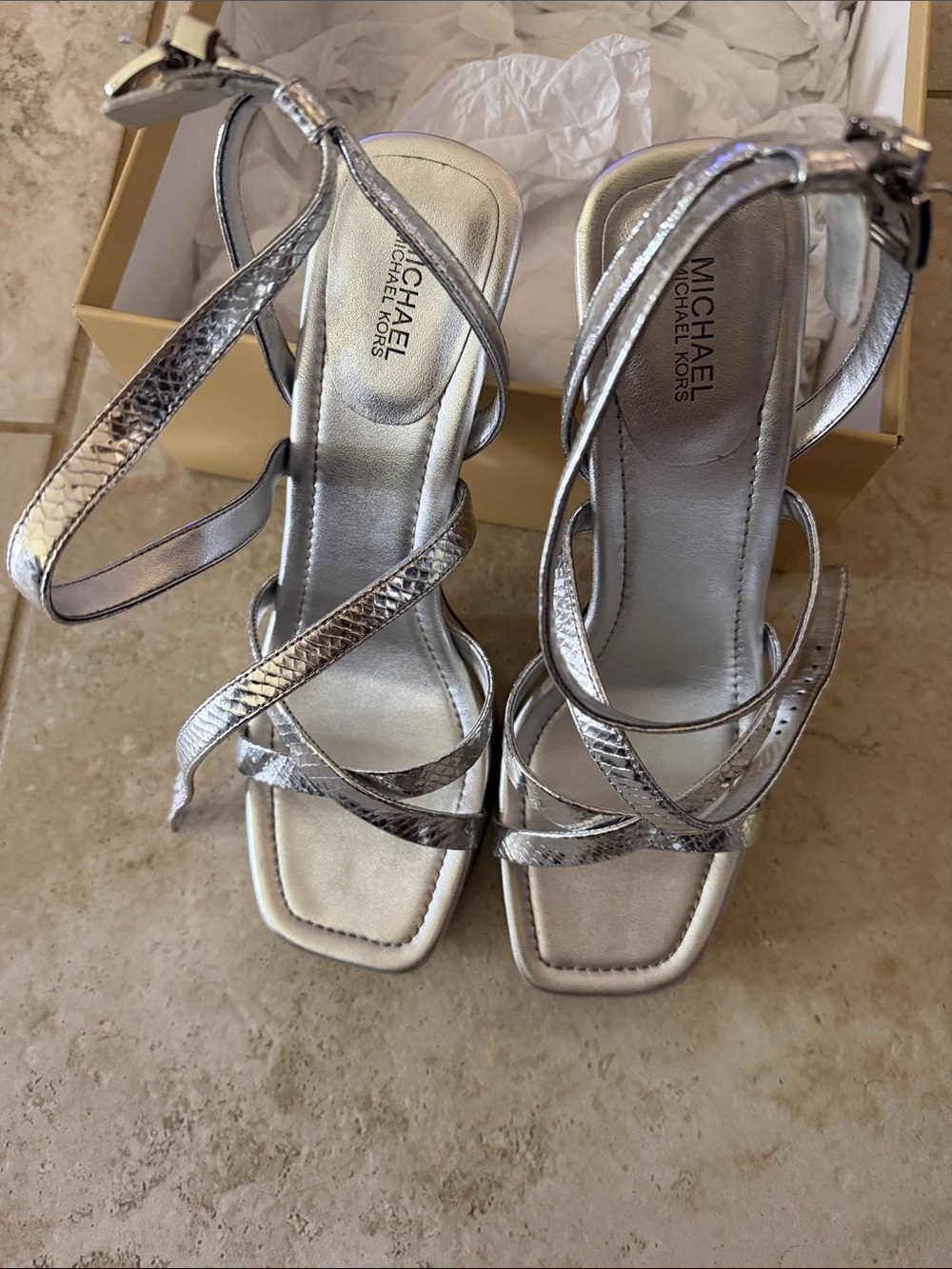 Michael Kors Metallic Silver Strappy High Heels